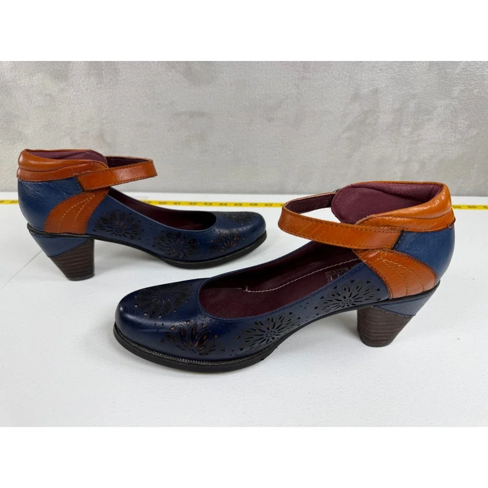 L Artiste Charliza Pumps Womens 41 Blue Leather Floral Whimsygoth Mary Jane Boho